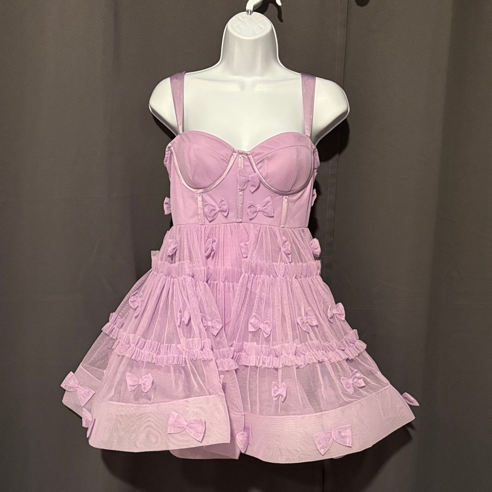 ASOS Lace & Beads corset tulle mini dress with bow applique in lilac, Size US 2